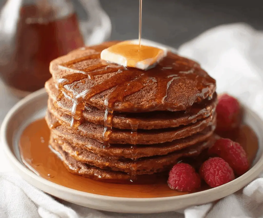 Delicious gingerbread pancakes topped with whipped cream and sprinkles on a festive holiday plate.