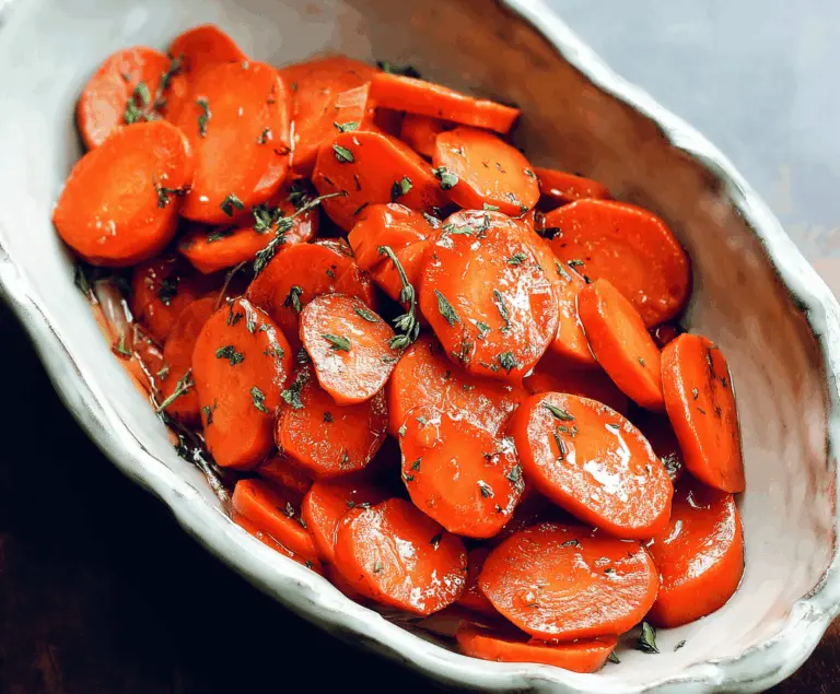 Colorful glazed carrots garnished with fresh herbs on a white plate, perfect for a healthy side dish
