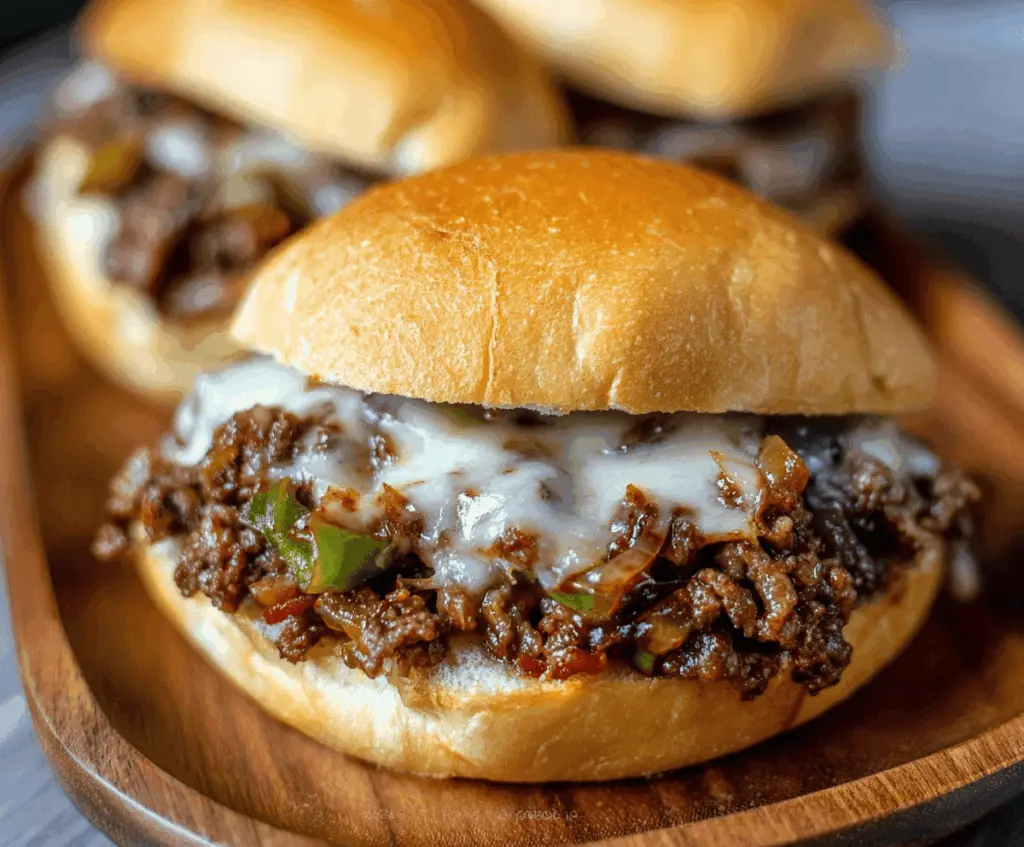 Delicious Gordon Ramsay Philly Cheesesteak Sloppy Joes with melted cheese, tender beef, and fresh toppings in a sandwich bun