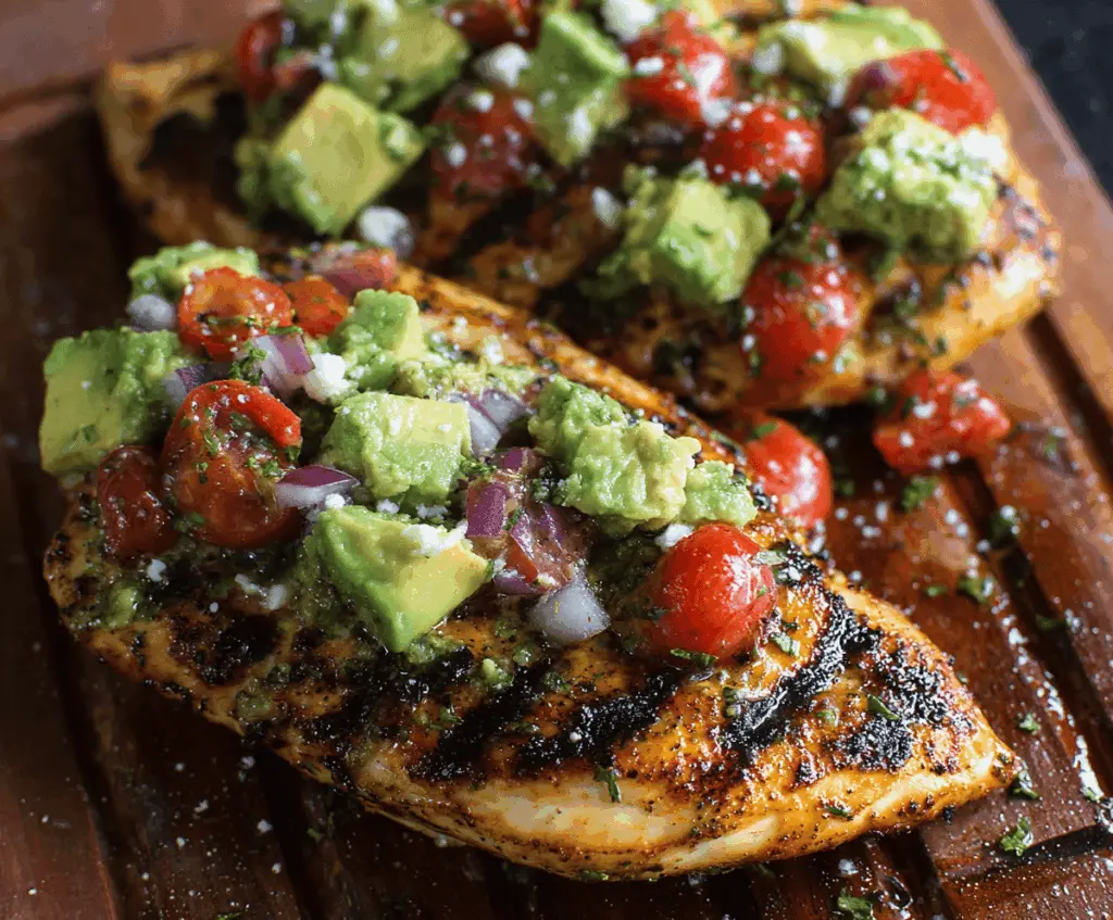 Delicious grilled chicken topped with creamy avocado slices on a summer plate.