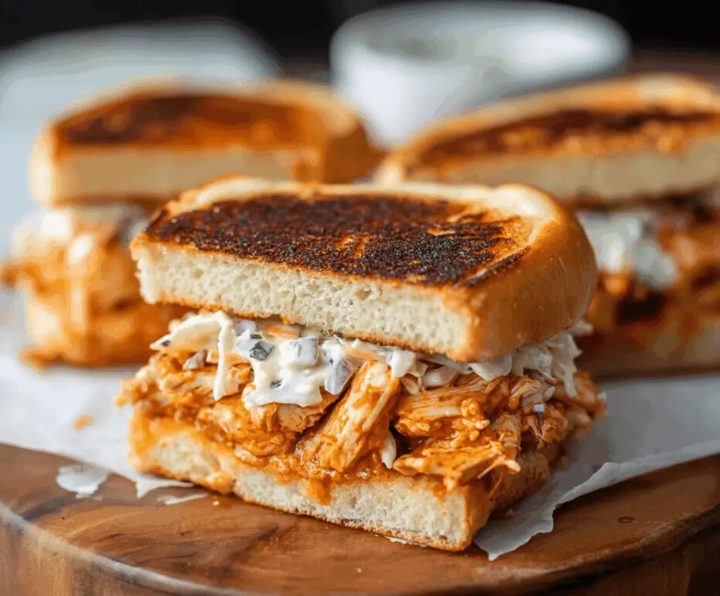 Delicious grilled buffalo chicken sandwiches topped with fresh grinder slaw on a bun, served with a side of crispy fries.
