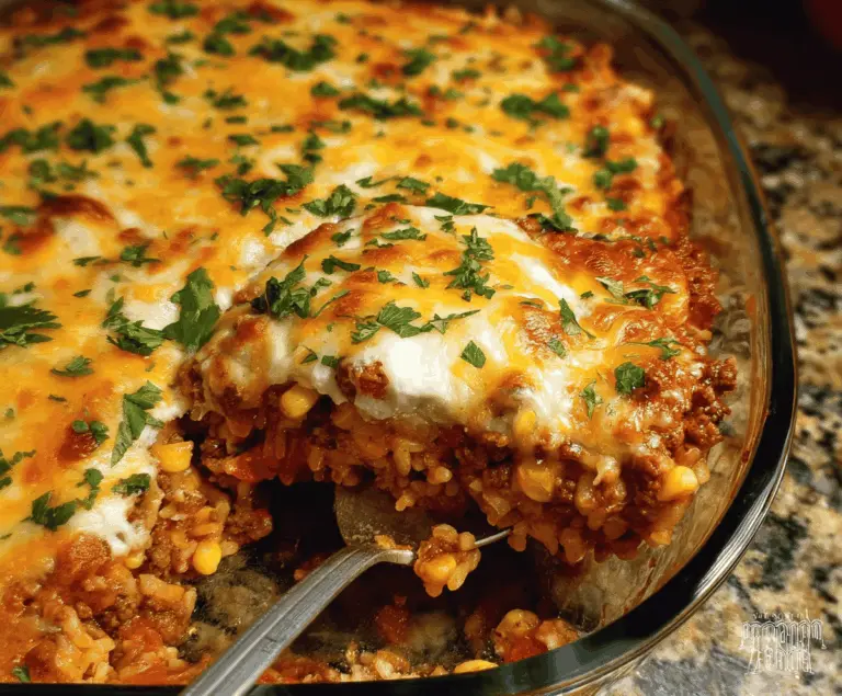 Delicious ground beef casserole with corn and melted cheese, served in a baking dish, perfect for a comforting family dinner.