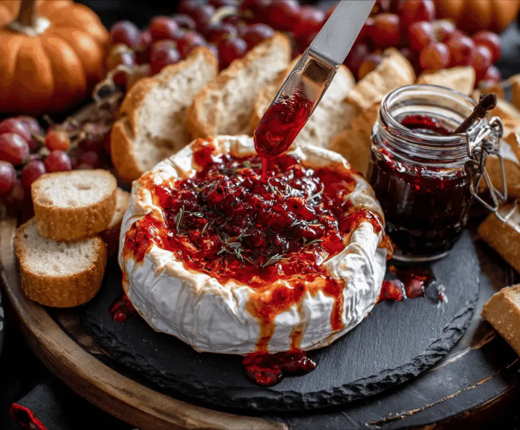 Creamy baked Brie cheese topped with bloody red sauce and spooky Halloween garnishes for a creepy appetizer perfect for Halloween parties.