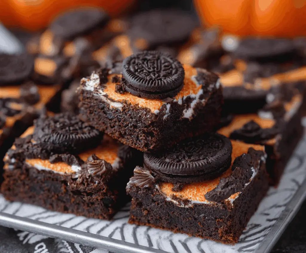 Delicious Halloween Oreo Brownies topped with colorful Halloween candies and spooky decorations, perfect for Halloween parties