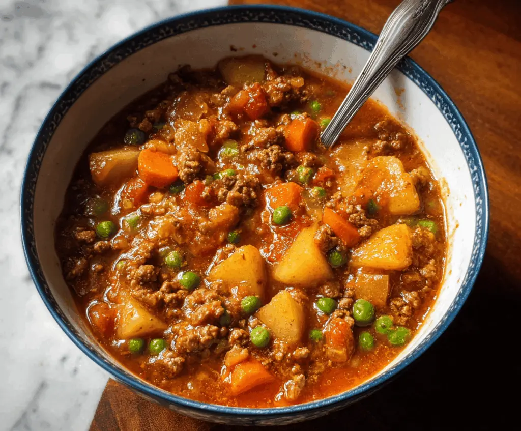 Hearty homemade Hamburger Stew with tender beef, vegetables, and savory broth in a rustic bowl.
