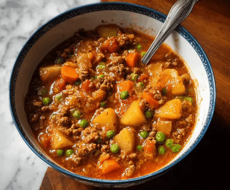 Hearty homemade Hamburger Stew with tender beef, vegetables, and savory broth in a rustic bowl.