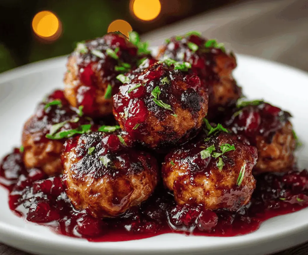 Delicious harvest turkey meatballs topped with a glossy cranberry glaze on a serving plate