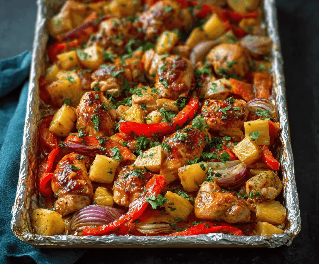 Delicious Hawaiian Chicken Sheet Pan with pineapple, bell peppers, and glazed chicken served on a baking sheet