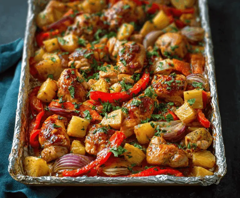 Delicious Hawaiian Chicken Sheet Pan with pineapple, bell peppers, and glazed chicken served on a baking sheet