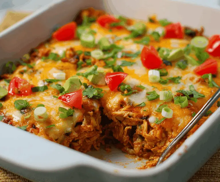 Delicious and healthy chicken taco casserole topped with melted cheese, fresh lettuce, tomatoes, and sliced avocados, served in a baking dish