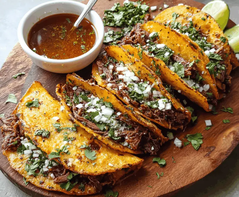 Delicious homemade birria tacos filled with tender, flavorful beef and melted cheese, served with a side of rich consommé for dipping.