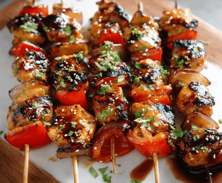 Juicy honey garlic chicken skewers grilled to perfection with caramelized glaze and fresh herbs on a white plate