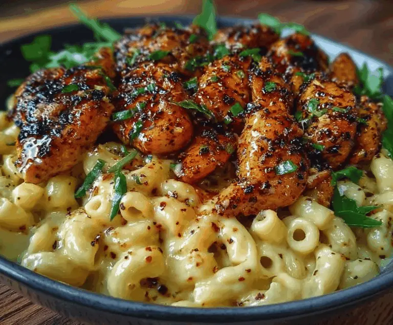 Golden honey pepper chicken served alongside creamy macaroni cheese, topped with fresh herbs and a drizzle of honey for a delicious, comforting meal.