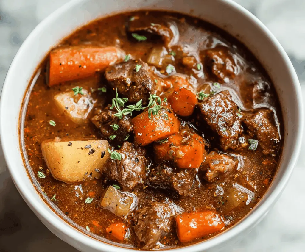 Hearty homemade Instant Pot beef stew with tender beef chunks, vegetables, and rich broth served in a bowl
