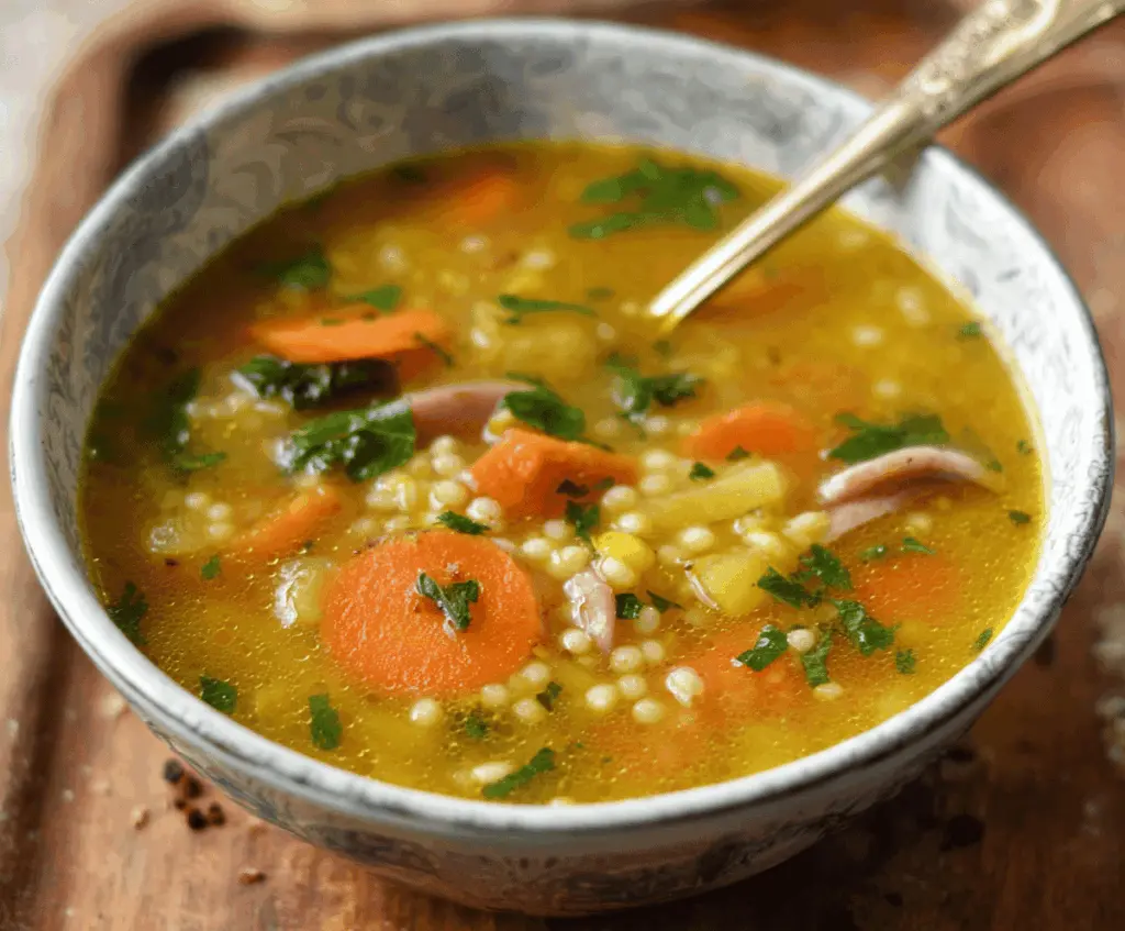 A steaming bowl of Italian Penicillin Soup featuring fresh herbs, vegetables, and hearty bread for comforting homemade comfort food.