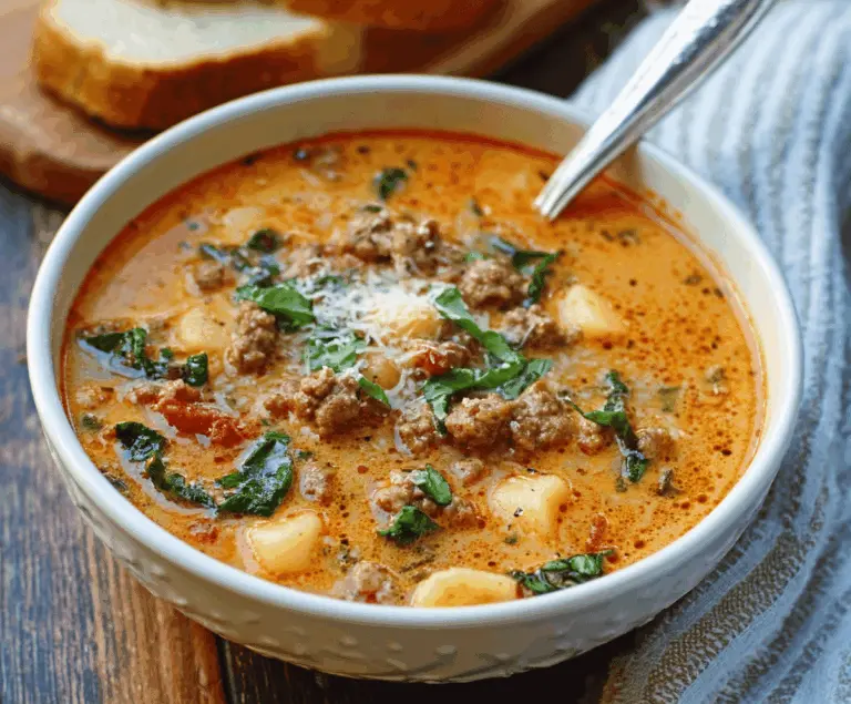 A steaming bowl of Italian sausage and potato soup garnished with fresh herbs, showcasing chunks of sausage, tender potatoes, and vibrant vegetables in a savory broth.