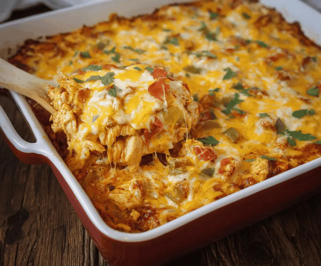Delicious keto Mexican chicken casserole with melted cheese and spicy seasonings, perfect for healthy dinner
