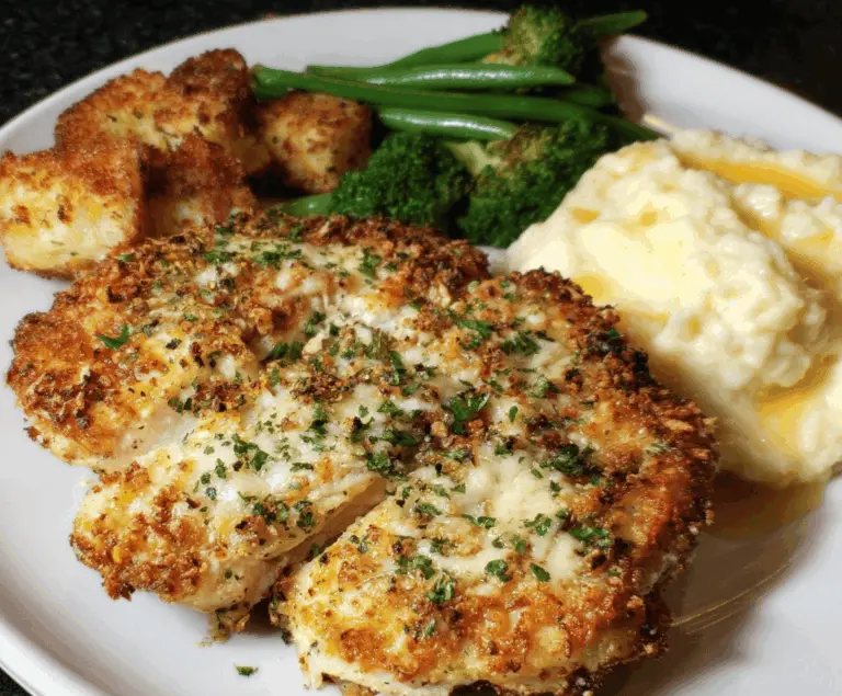 Juicy Parmesan Chicken served with crispy golden coating and fresh herbs on a plate, inspired by Longhorn Steakhouse recipe.