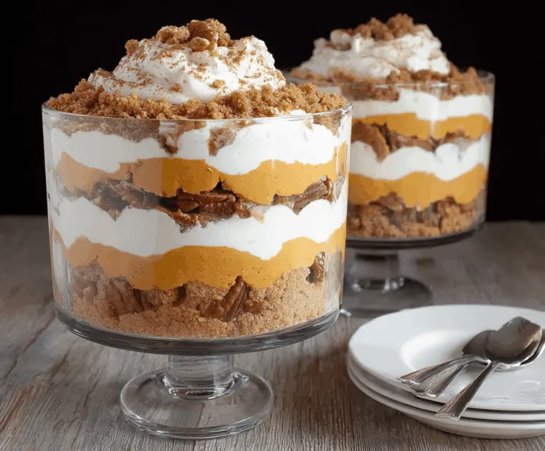 Delicious Maple Pecan & Pumpkin Cheesecake Trifle layered with creamy cheese, pumpkin, and crunchy pecans.