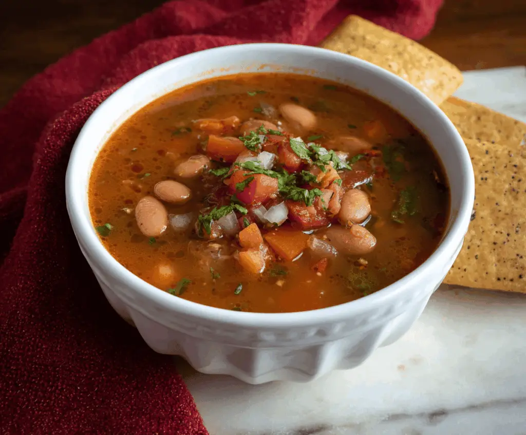 A bowl of flavorful Mexican pinto bean soup garnished with fresh herbs, lime wedge, and diced vegetables, served with tortilla chips on the side.