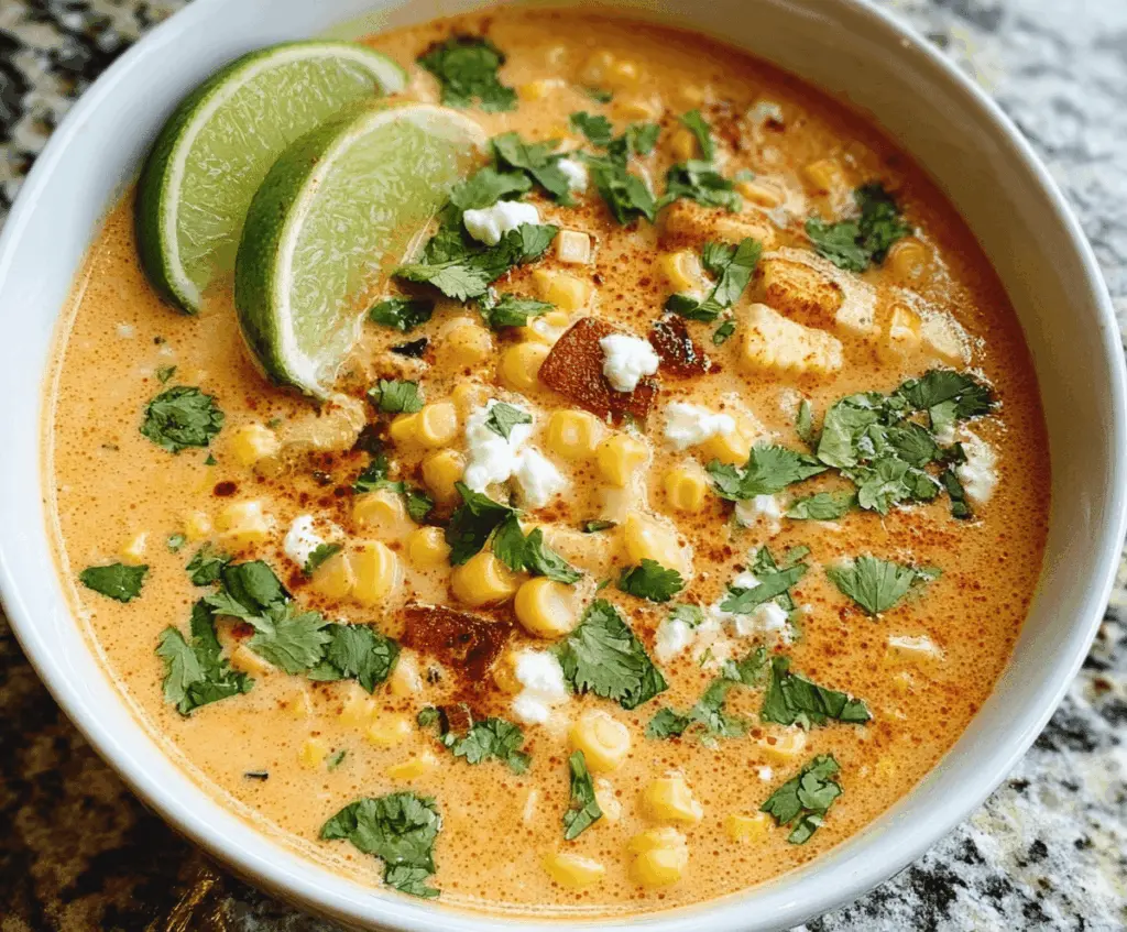 Creamy Mexican Street Corn Soup served in a crockpot, garnished with cilantro and chili powder, perfect for cozy meals