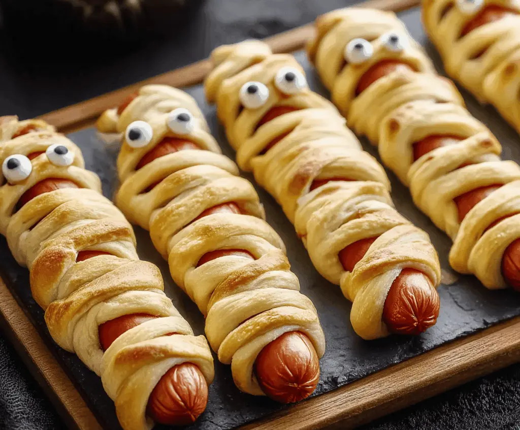 Cute Mummy Hot Dogs wrapped in dough with eyes, perfect for Halloween parties