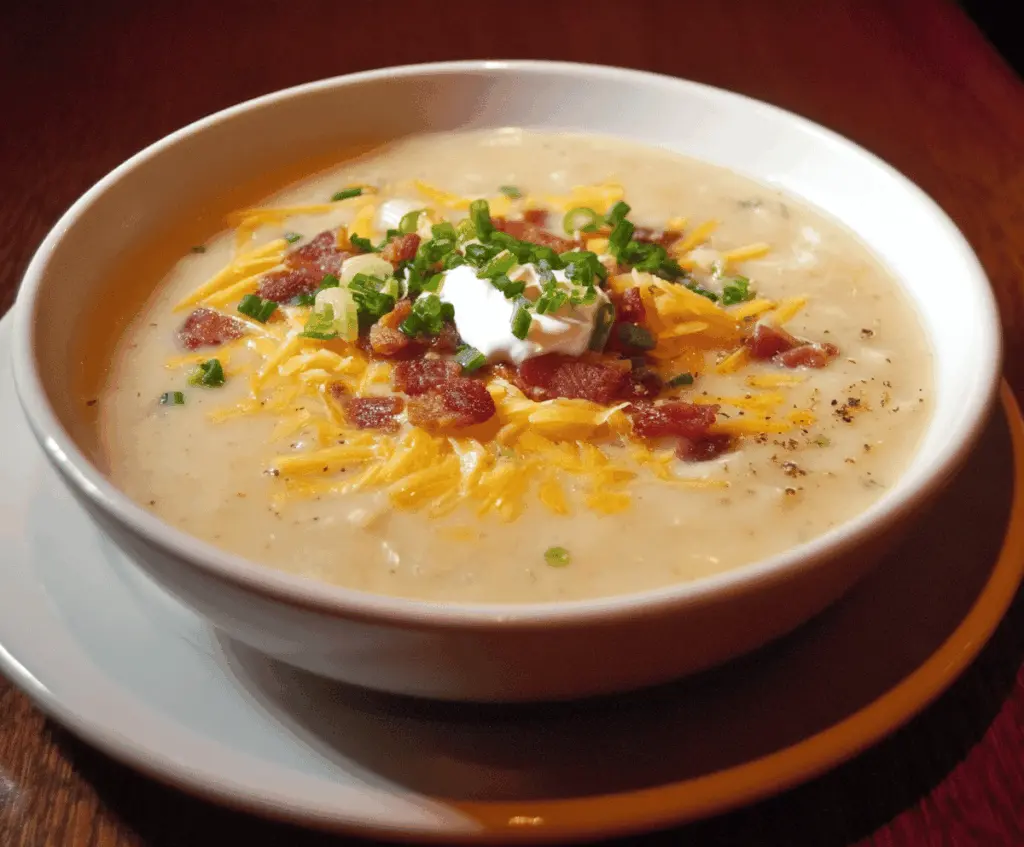 Creamy Outback Steakhouse Potato Soup with melted cheese, crispy bacon, and chives, served in a bowl, perfect for comfort food lovers.