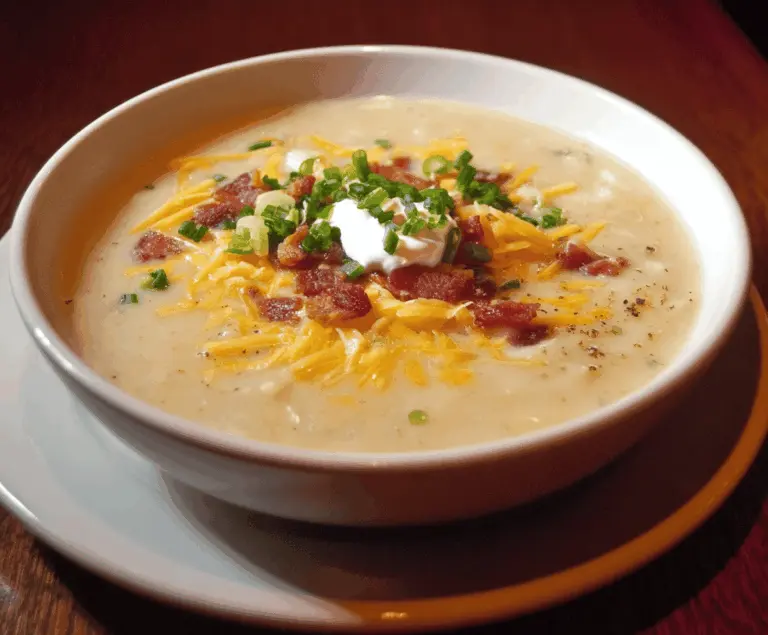 Creamy Outback Steakhouse Potato Soup with melted cheese, crispy bacon, and chives, served in a bowl, perfect for comfort food lovers.