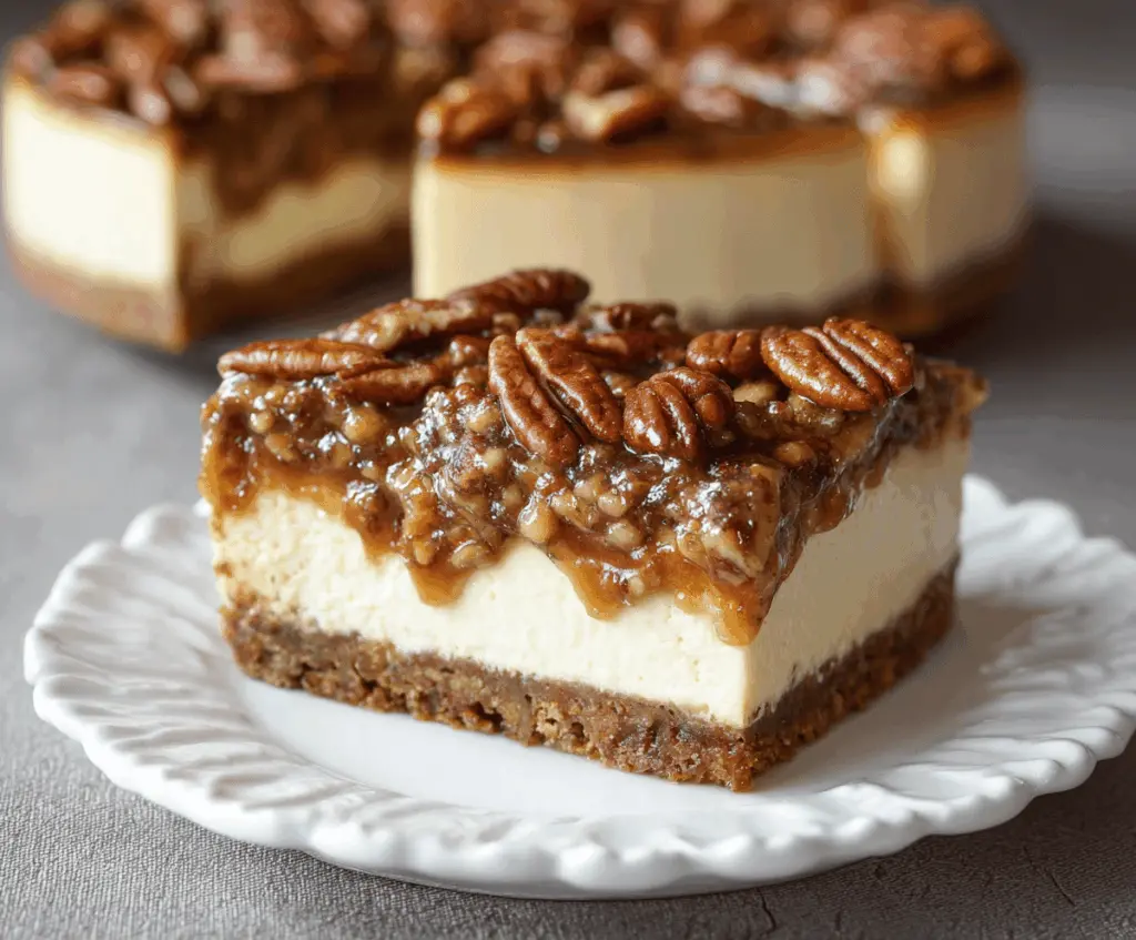 Delicious Pecan Pie Cheesecake with a golden crust, topped with crunchy pecans and caramel glaze.