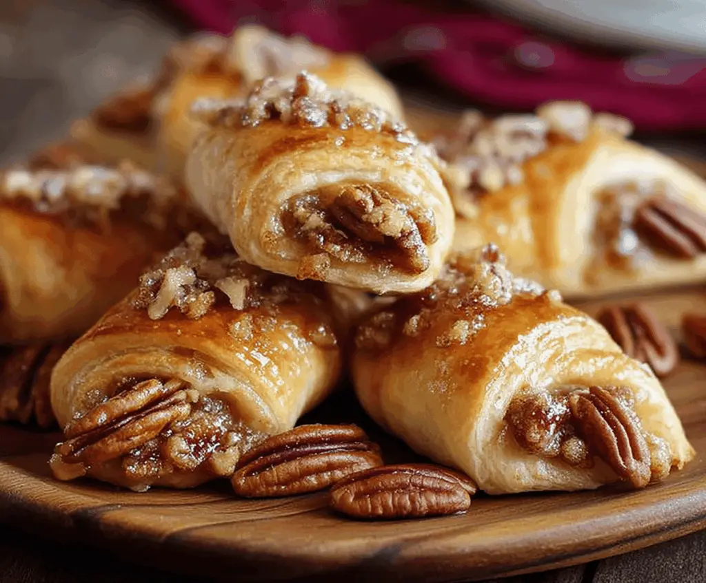 Delicious homemade pecan pie crescent rolls with golden-brown crust and pecan filling, perfect for dessert or sweet snack