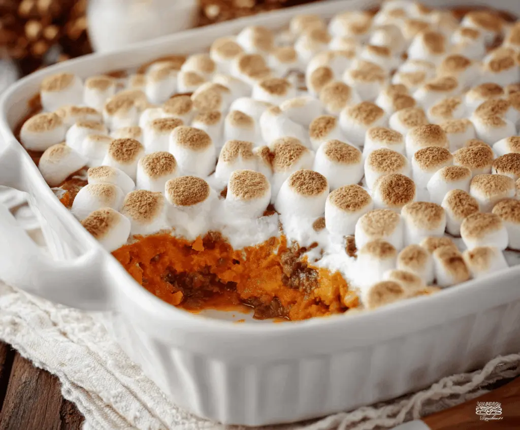 Delicious sweet potato casserole topped with marshmallows, perfect for Thanksgiving dinner.
