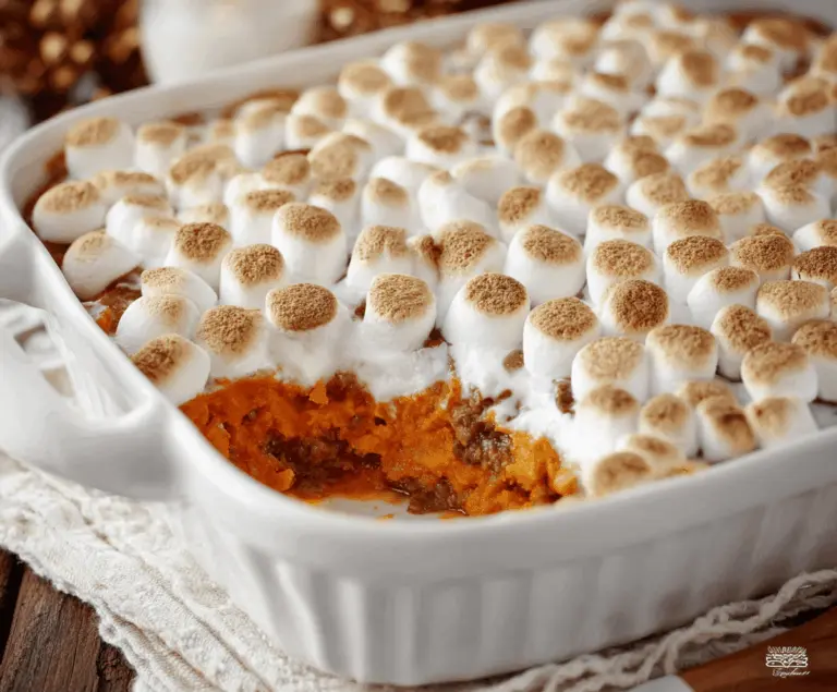 Delicious sweet potato casserole topped with marshmallows, perfect for Thanksgiving dinner.