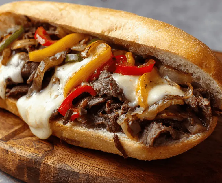 Juicy Philly Cheesesteak sandwich with melted cheese, sautéed onions, and thinly sliced beef in a fresh hoagie bun