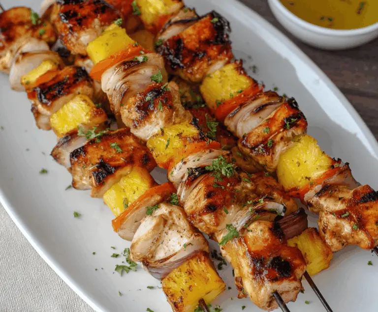 Colorful pineapple and chicken kabobs grilled to perfection, served with fresh vegetables on a skewered platter.