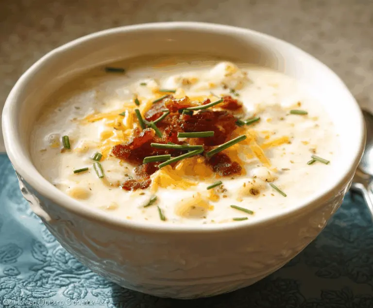 Creamy homemade potato soup garnished with chopped herbs in a rustic bowl, perfect for a cozy meal