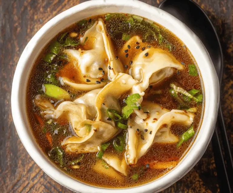 A bowl of savory potsticker soup garnished with chopped green onions and sliced vegetables, showcasing tender potstickers floating in flavorful broth.