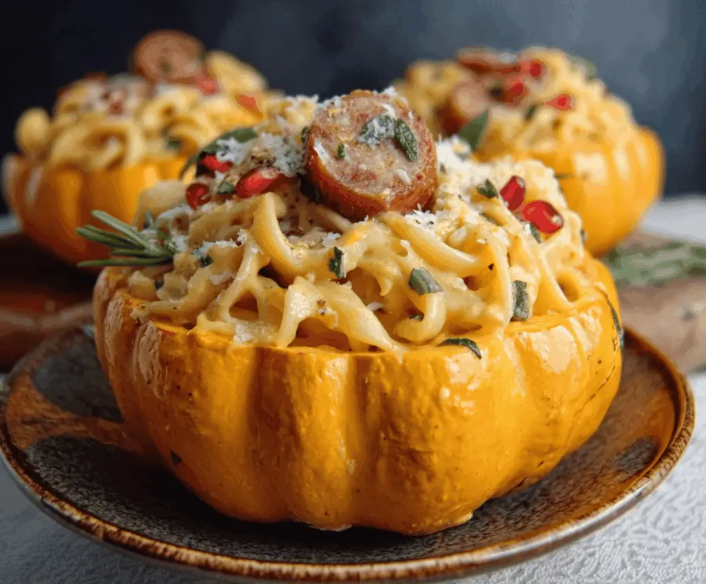 Creamy pumpkin Alfredo pasta served in spooky cauldrons, perfect for Halloween-inspired dinners.