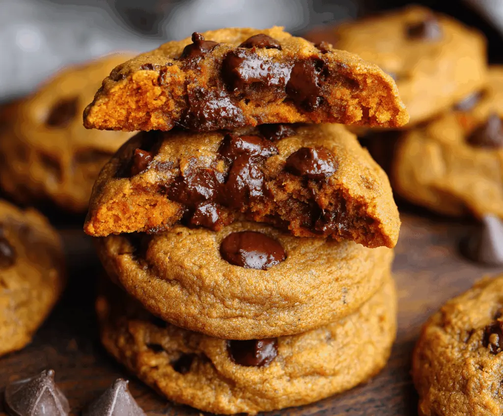 Delicious homemade pumpkin chocolate chip cookies on a baking sheet, perfect for fall treats and dessert recipes