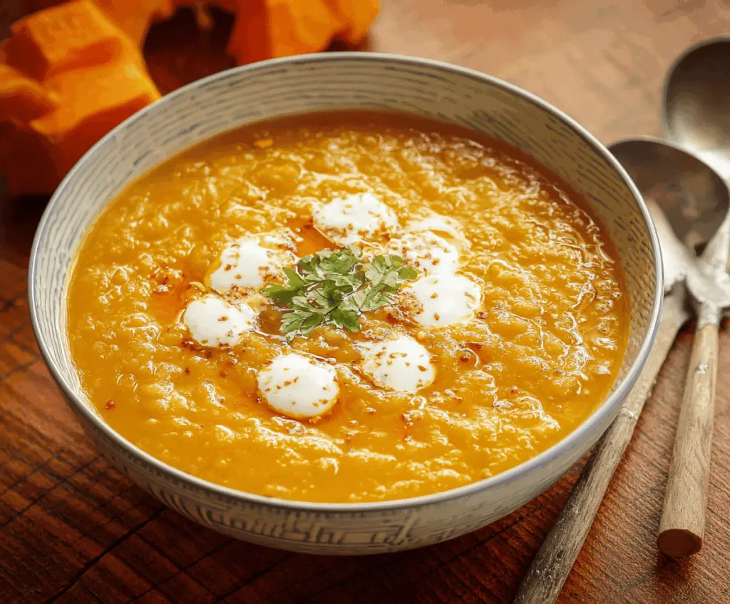 Creamy pumpkin curry soup garnished with fresh herbs in a rustic bowl, perfect for autumn comfort meals.