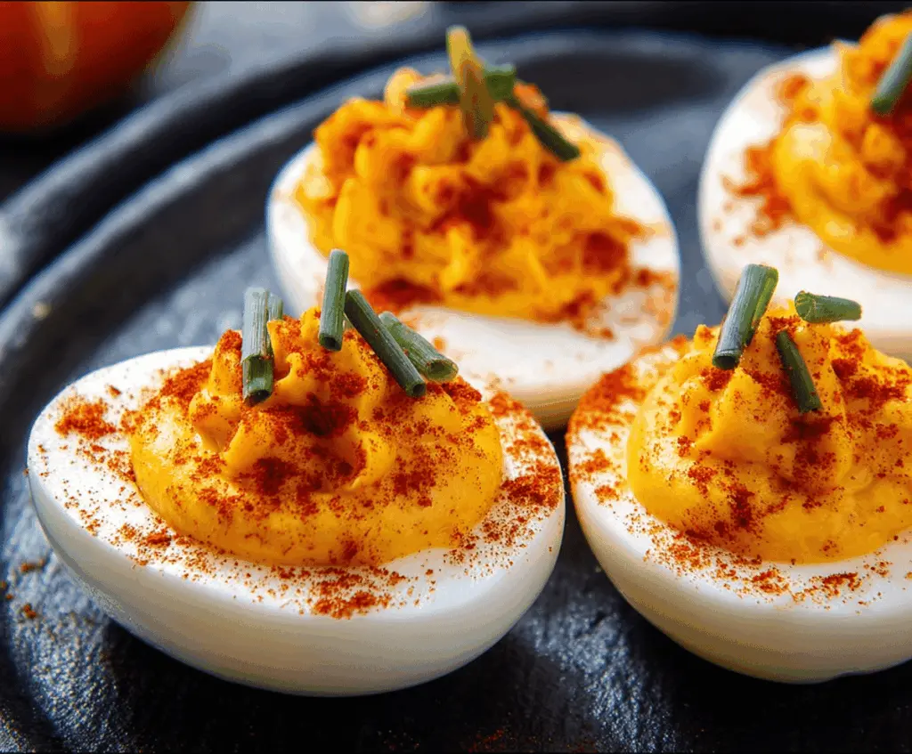 Creamy deviled eggs decorated with carved pumpkin faces for a festive Pumpkin Patch Deviled Eggs recipe, perfect for fall parties and Halloween celebrations.