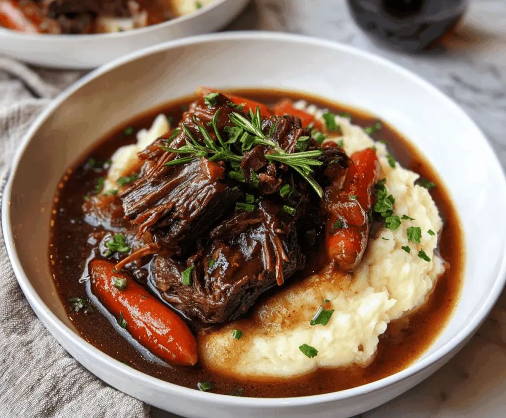 Tender beef braised in red wine with herbs and vegetables, served on a rustic plate, perfect for a hearty and flavorful meal.