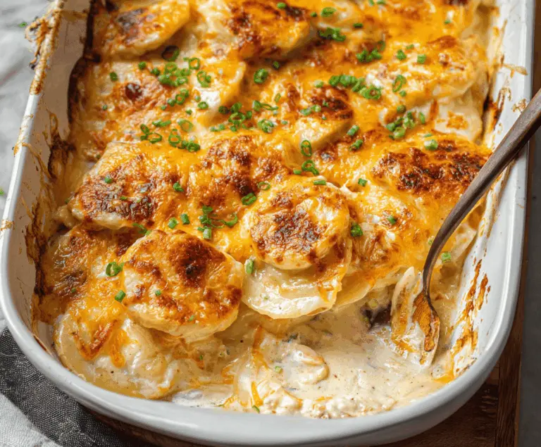 Delicious Savory Pierogi Casserole with golden crust, topped with herbs and melted cheese, served on a white plate