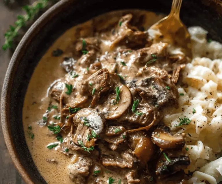 Creamy slow cooker beef stroganoff stew with tender beef chunks, mushrooms, and savory sauce served in a bowl with fresh herbs