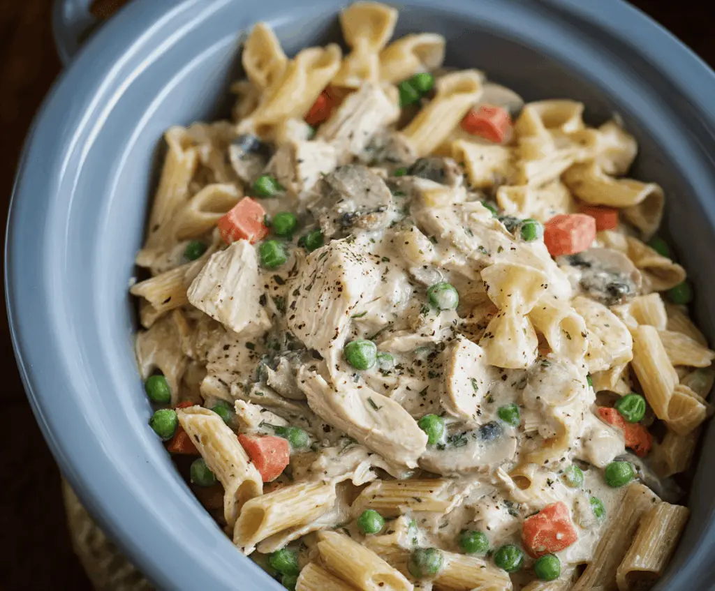 Creamy slow cooker chicken pot pie pasta topped with golden crust and fresh herbs in a rustic bowl