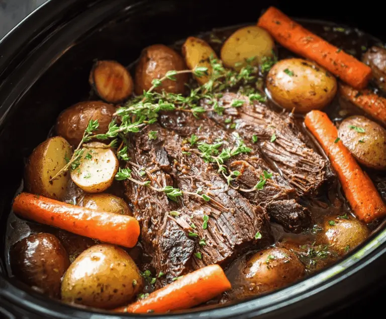 Tender and flavorful slow cooker pot roast with vegetables, perfect for a comforting home-cooked meal.