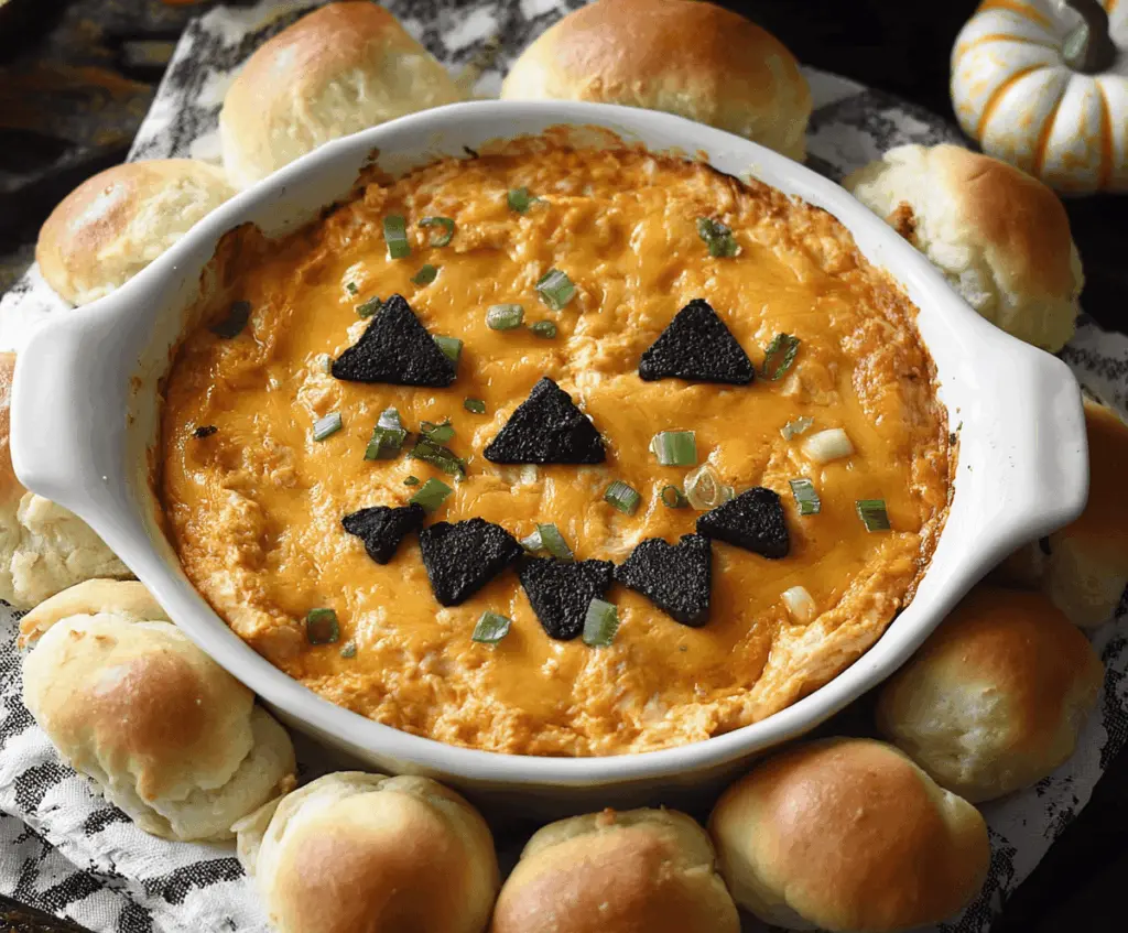 Creamy Spooky Halloween Buffalo Dip served with celery sticks and tortilla chips for a festive party appetizer.