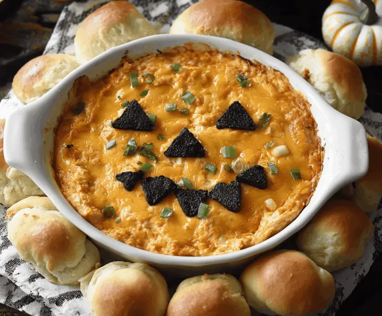 Creamy Spooky Halloween Buffalo Dip served with celery sticks and tortilla chips for a festive party appetizer.