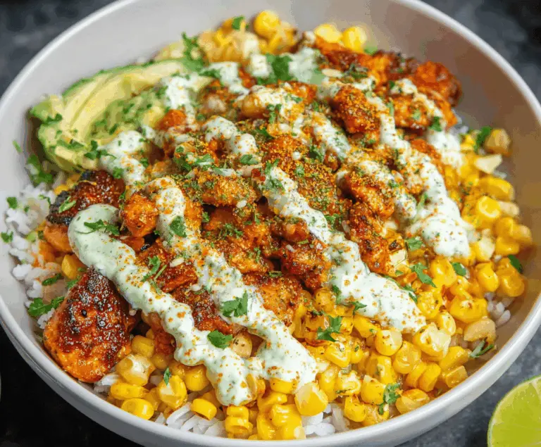 Delicious Street Corn Chicken Rice Bowl with grilled chicken, sweet corn, and fresh herbs