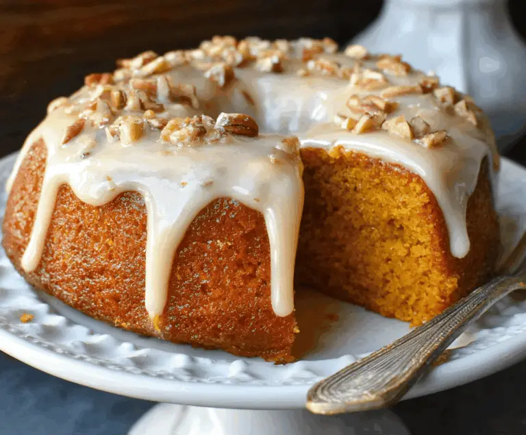 Delicious sweet potato butter cake topped with a shiny glaze, perfect for fall desserts.