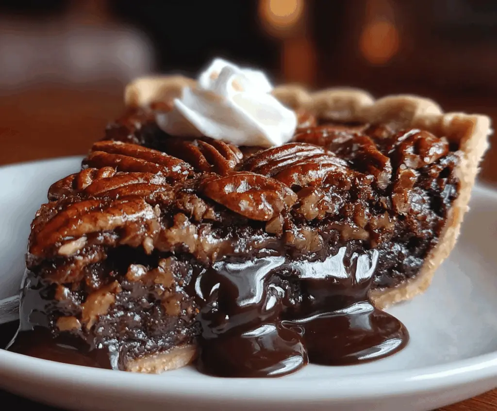 Delicious slice of Texas Chocolate Pecan Pie topped with whipped cream on a rustic plate.